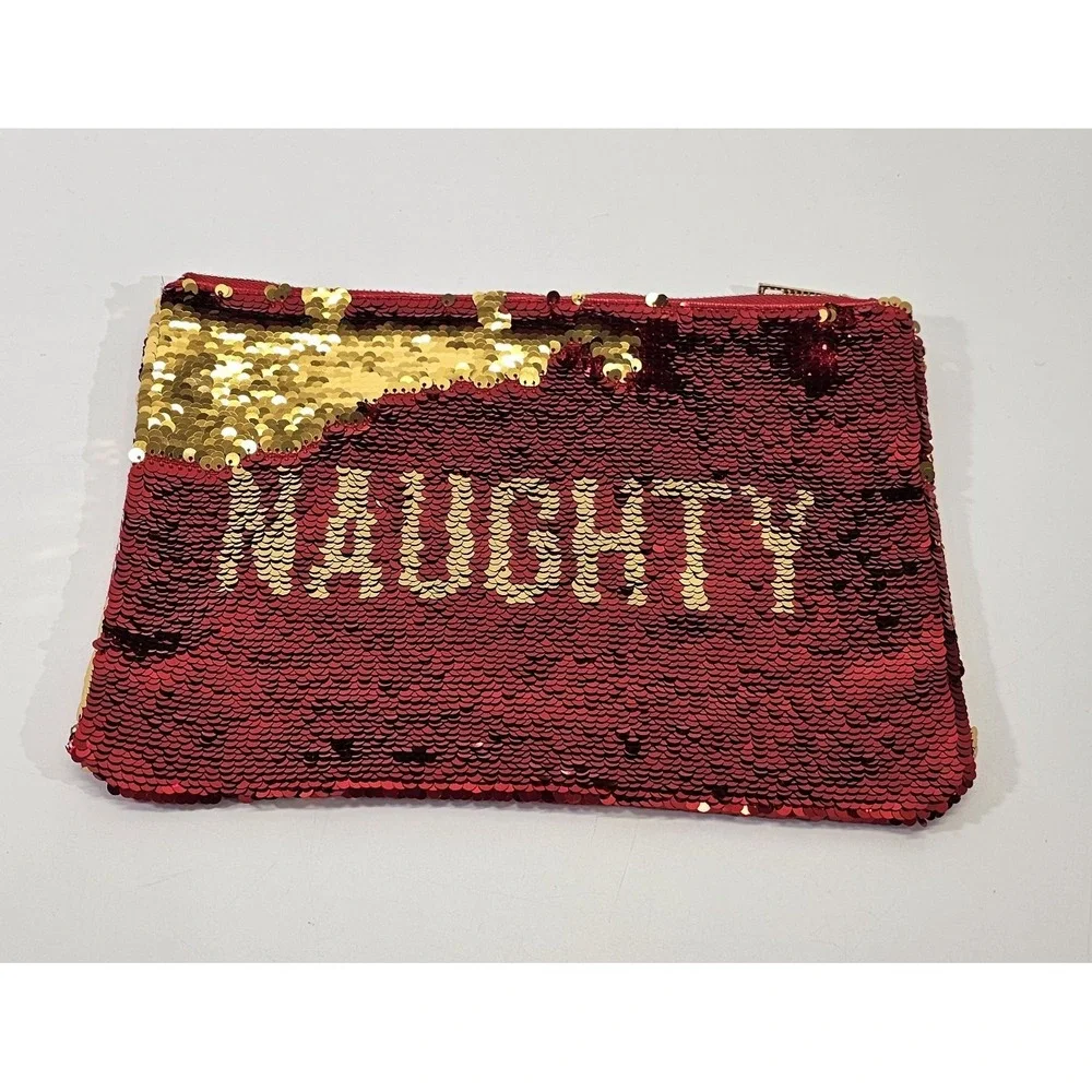 8 Oka Lane‎ Naughty & Nice Sequined Red Gold Clutch Makeup Travel Bag EUC